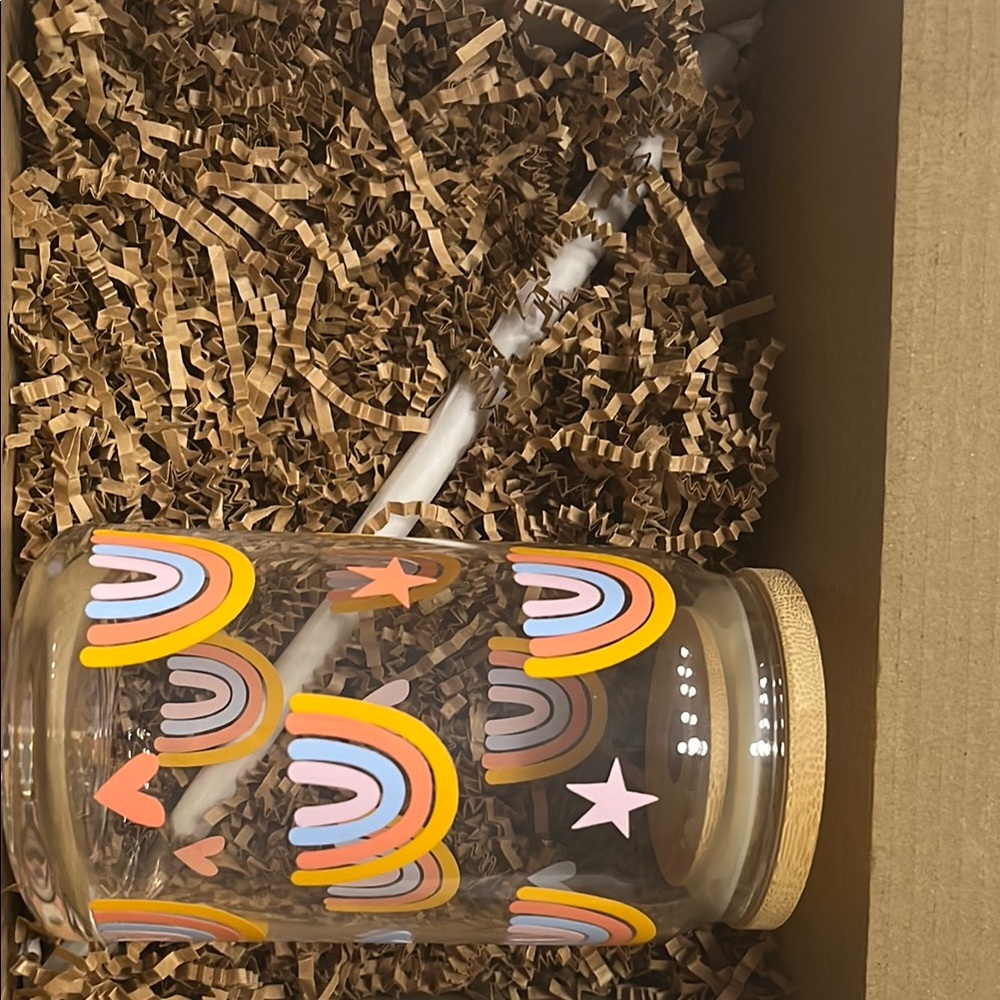 Unused Rainbow Glass Tumbler with Straw